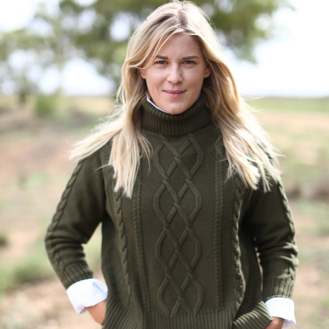How to Wear the Khaki Cable Knit Roll Neck Jumper