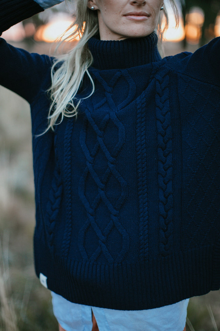 Cable Knit Roll Neck Jumper - Navy