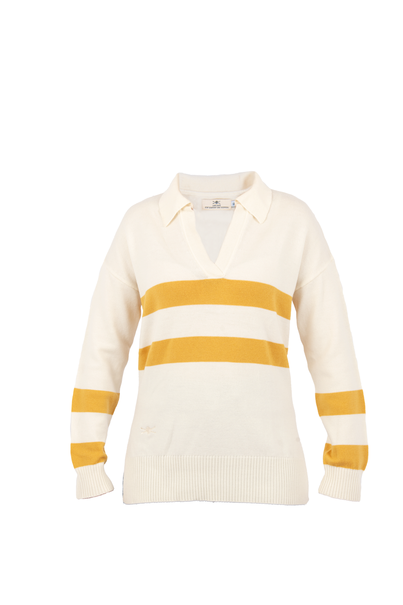 Striped Polo Knit - White & Mustard