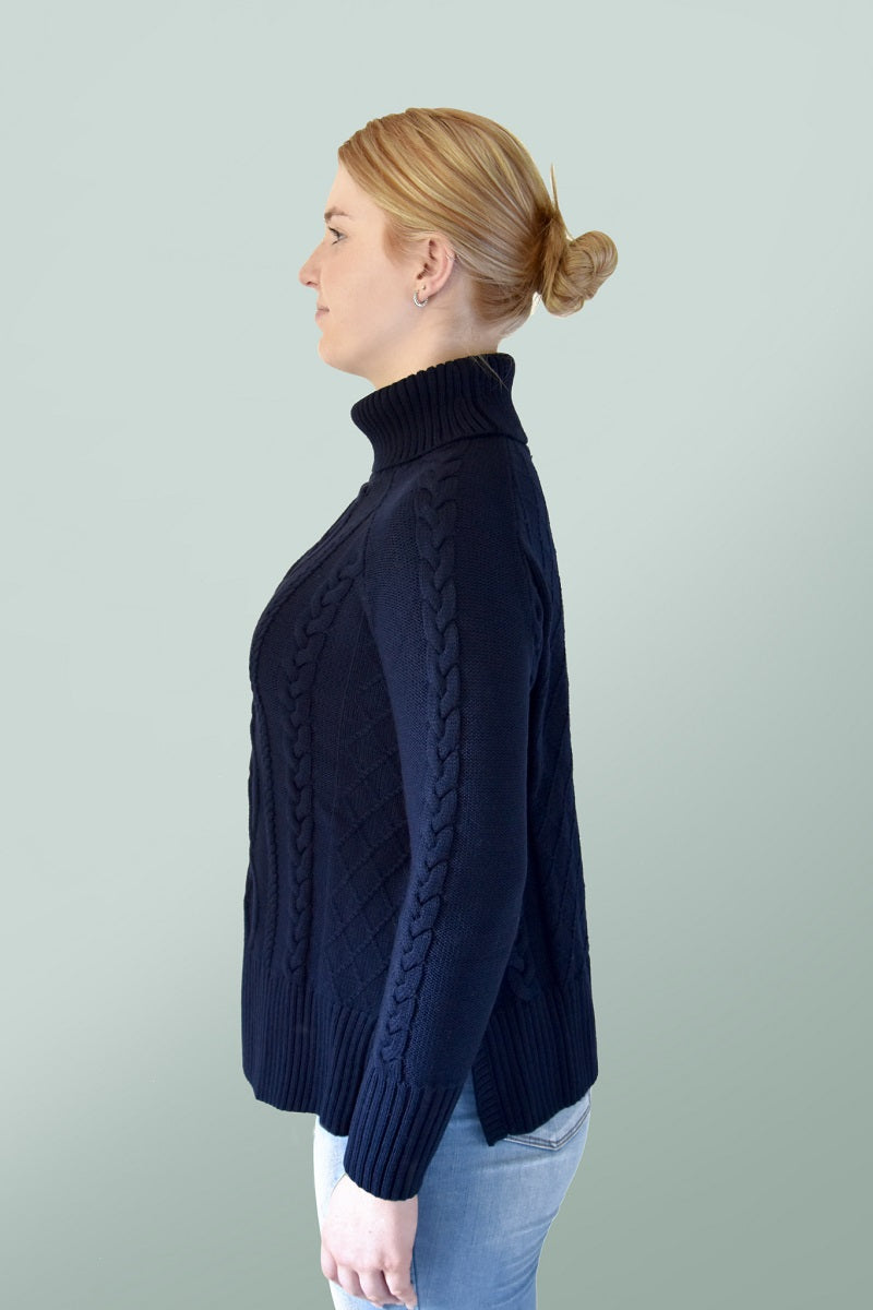 Cable Knit Roll Neck Jumper - Navy
