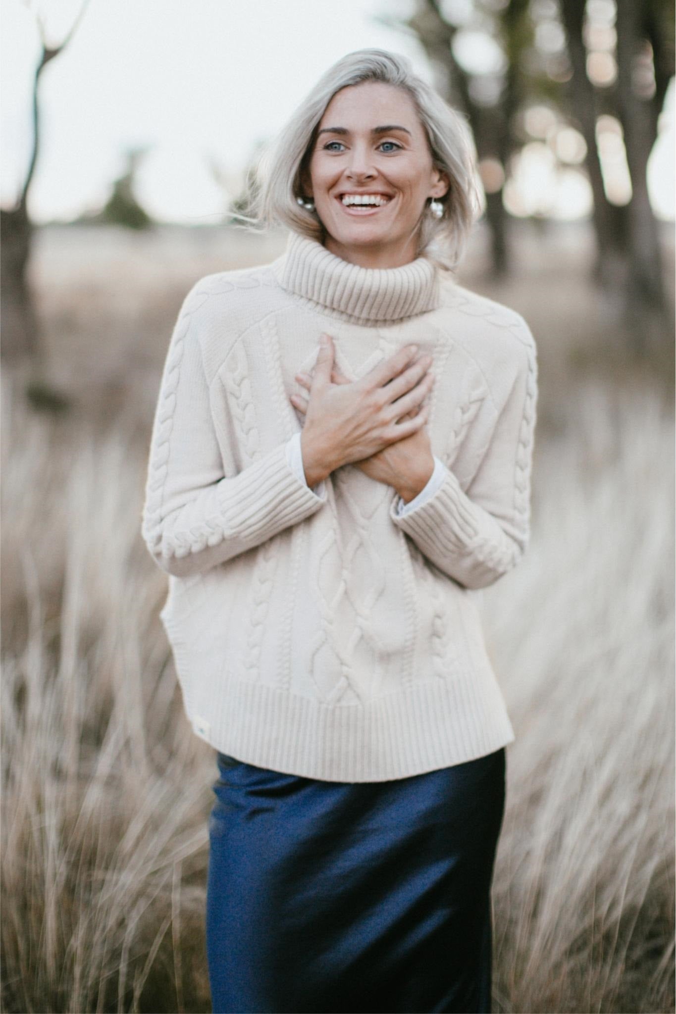 Oatmeal Cable Knit Roll Neck Jumper Lady Kate