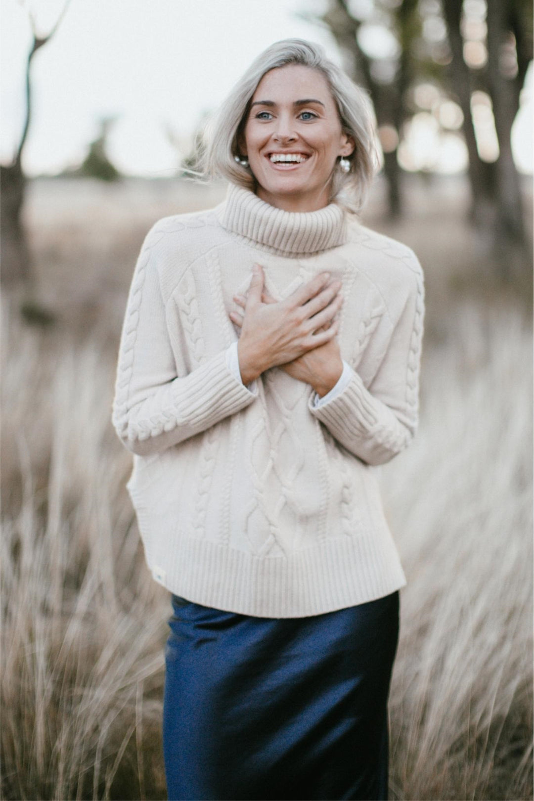 Cable Knit Roll Neck Jumper - Oatmeal