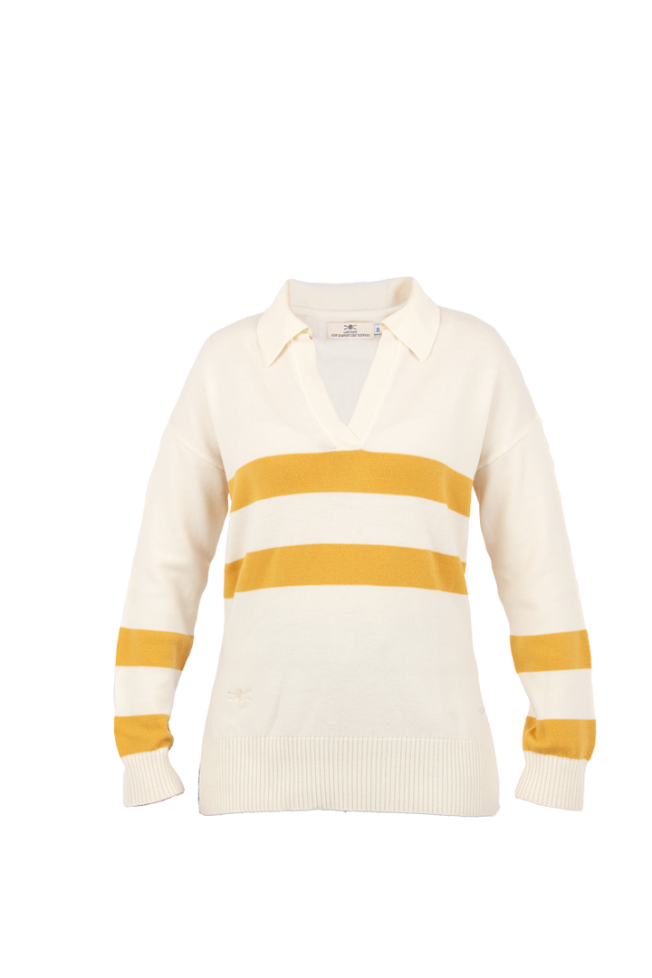 Striped Polo Knit - White & Mustard