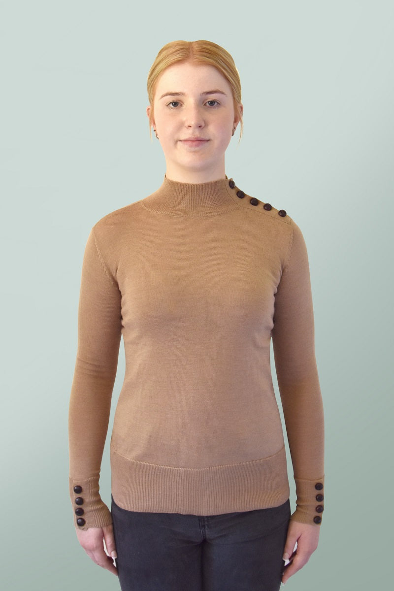 Leather Button Jumper - Camel